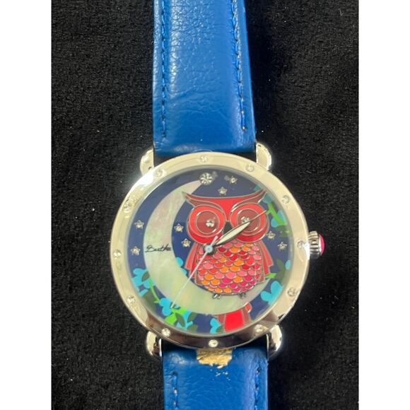 NEW Bertha Ashley Owl and Moon Mother of Pearl Dial Blue Leather Watch NWOT